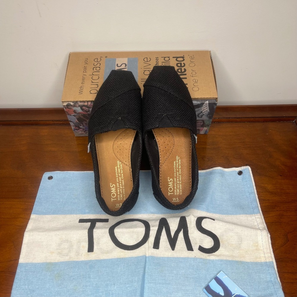 NEW‎ VTG TOMS Classics Black Burlap Alpargata Slip On Shoes Canvas Womens 5.5 B